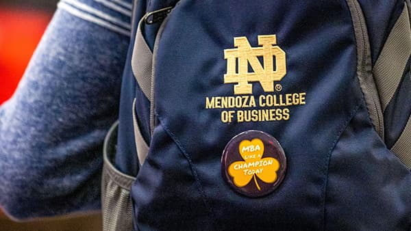 Mendoza College of business backpack with MBA button