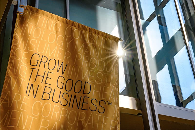 Mendoza College of Business banner with the motto: "Grow the Good in Business" in the MCOB atrium